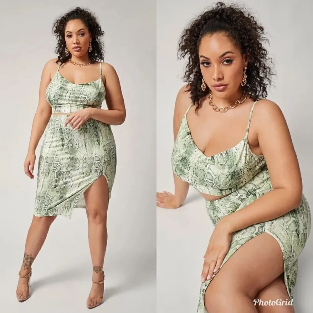 2/$30 SHEIN Plus Snakeskin Cami Top & Split Skirt Co-Ord Set